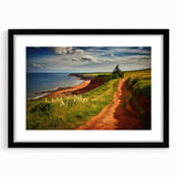 Extra large abstract art print depicting colorful, textured scenery of Prince Edward Island in a black frame.