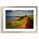 Textured abstract art print of Prince Edward Island scenery in silver frame, with cool blue and green tones.