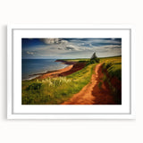 Abstract art print of Prince Edward, Canada, in muted green and blue tones on a framed white mat.