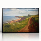 Large abstract wall art depicting a serene Prince Edward Island scenery in muted earth tones on a framed acrylic print.