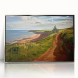 Mid-century modernist art depicting Prince Edward Island scenery in acrylic, framed in silver, ideal for nursery wall art.
