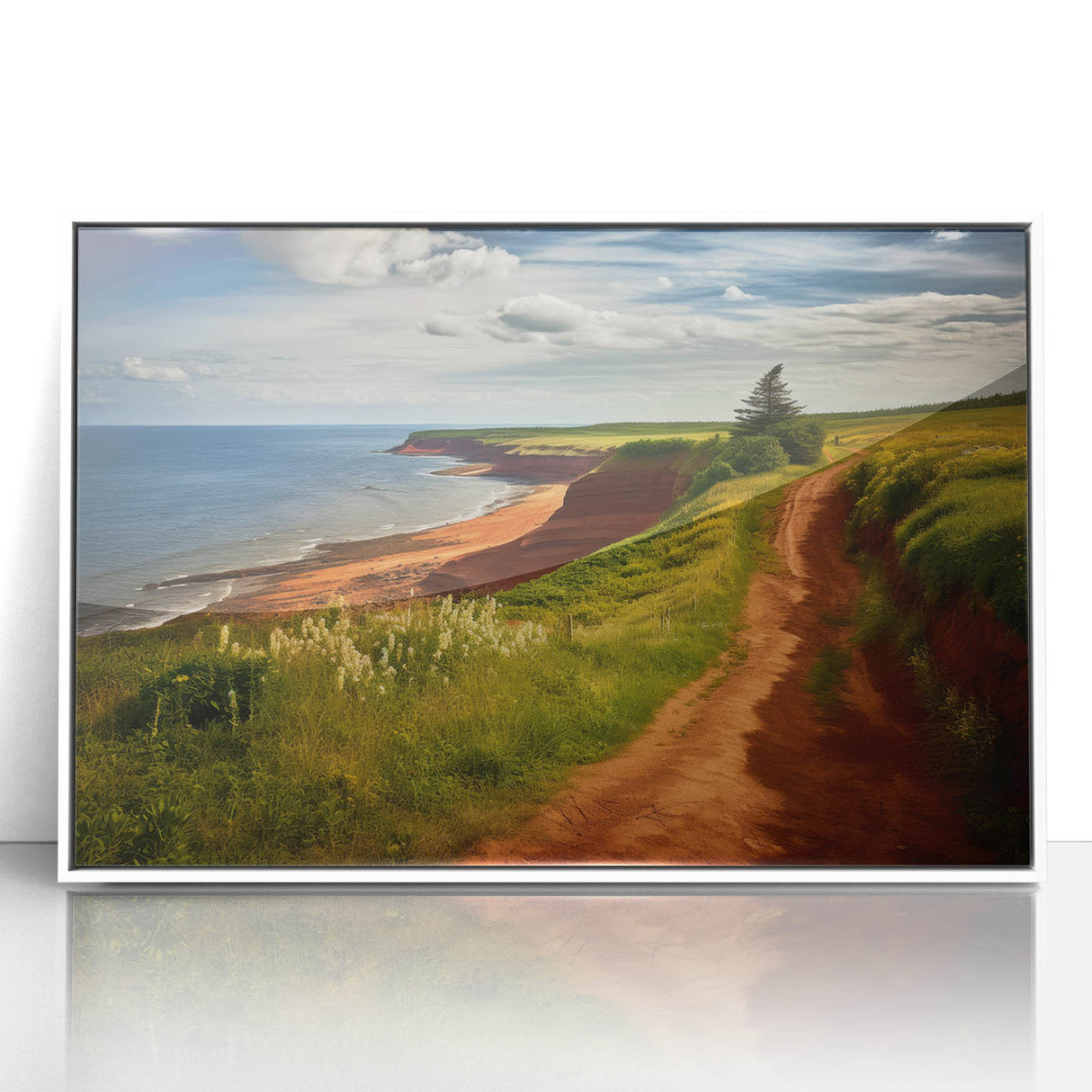 Art deco poster of Prince Edward, Canada scenery in acrylic with a white frame, ideal for modern nursery wall art.