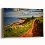Framed canvas of a vintage-style landscape painting featuring Prince Edward Island in muted earth tones.