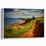 Vintage poster art of Prince Edward Island in vibrant colors on a framed canvas, ideal for living room decor.