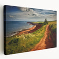 Side view of a stretched canvas featuring a serene Prince Edward Island landscape in muted green and blue tones.