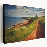Side view of a stretched canvas featuring a serene Prince Edward Island landscape in muted green and blue tones.