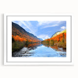 Abstract art print of a Quebec scenery in muted gray and blue tones, framed with a white mat, ideal for dining room decor.