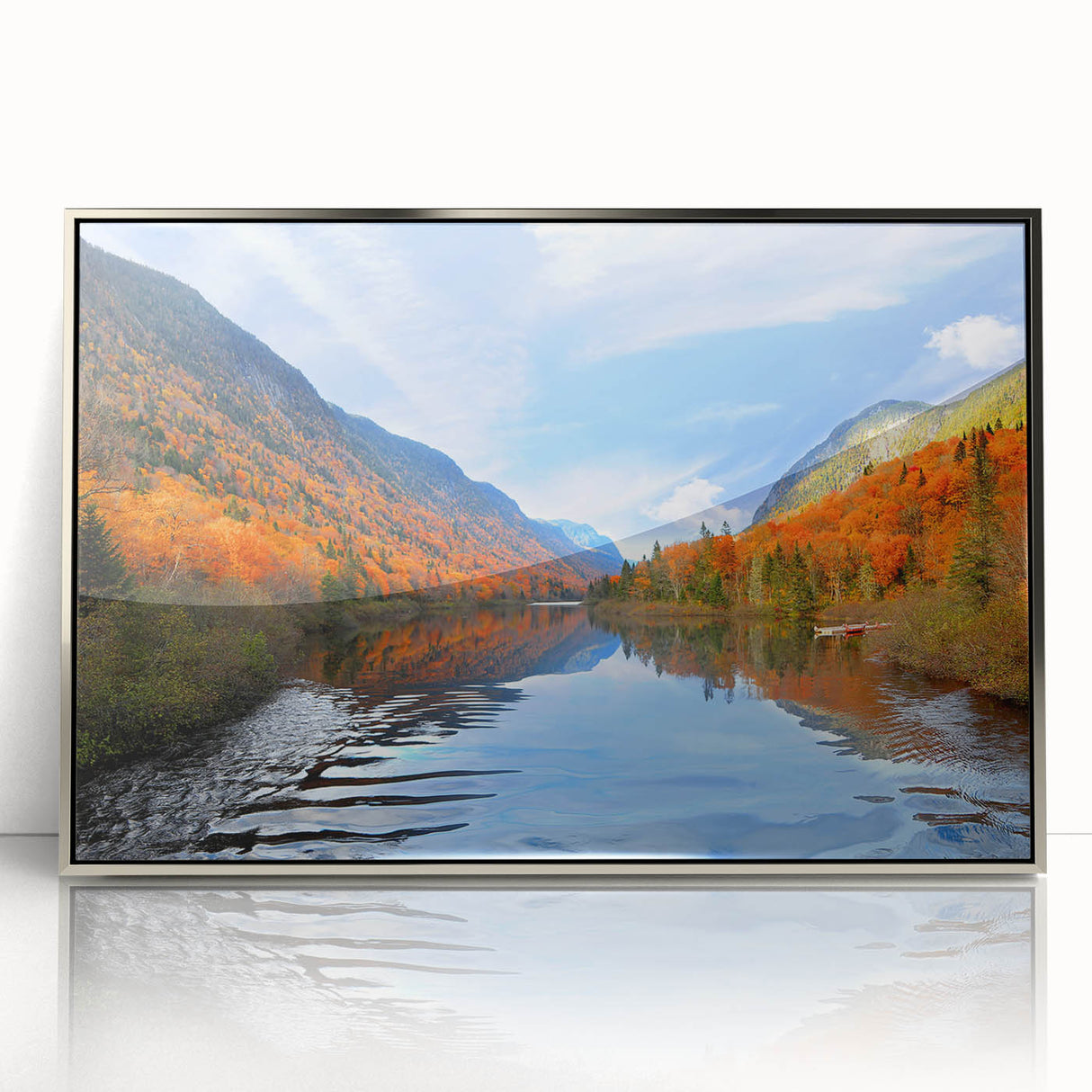 Mid-century modernist art depicting a serene Quebec landscape in muted earth tones, framed acrylic.