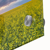 Large abstract wall art depicting Saskatchewan scenery in muted green and blue tones on acrylic glass.