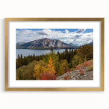 Extra large abstract art print of Canada's Yukon scenery in muted earth tones, framed with a gold mat.