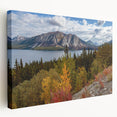Side view of a stretched canvas depicting a serene Yukon landscape in muted earth tones, ideal for kitchen wall art.