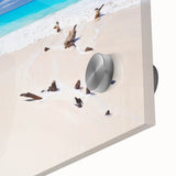 Large abstract wall art on acrylic glass depicting a Caribbean scenery in pastel shades, ideal for dining room ambiance.