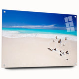 Large abstract wall art of Caribbean scenery on acrylic glass, featuring vivid blue and green tones.