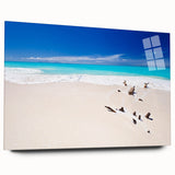 Large abstract wall art featuring a serene Caribbean scenery in soft blue and green tones on acrylic glass.