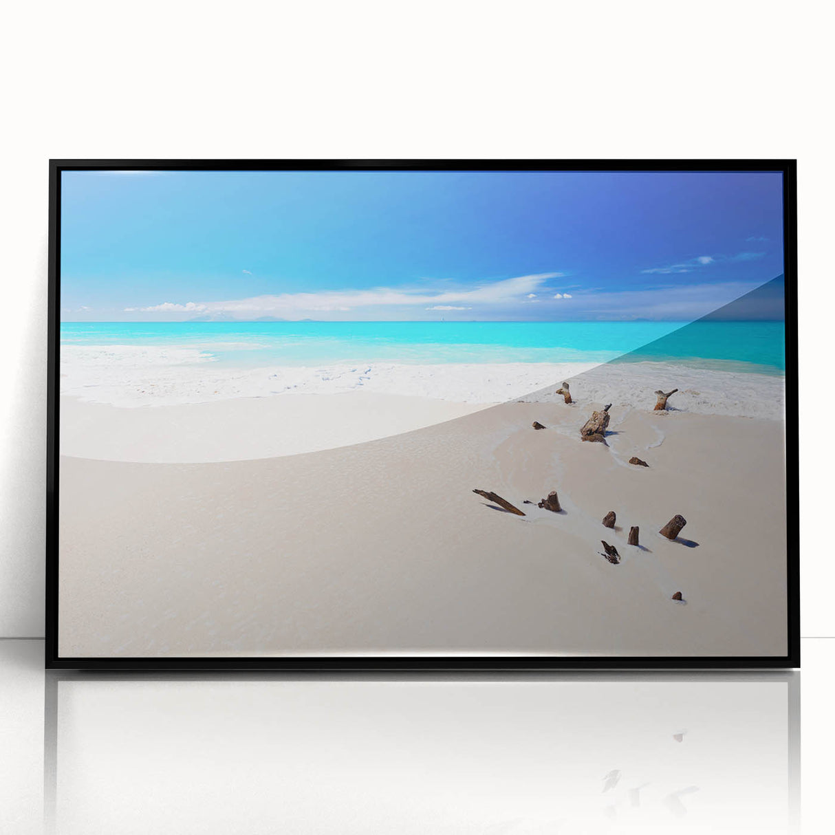 Large abstract wall art featuring a Caribbean scene in vibrant blue and green tones on framed acrylic.