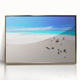 Art deco poster depicting a serene Caribbean beach in pastel shades, framed acrylic print, ideal for modern art wall decor.