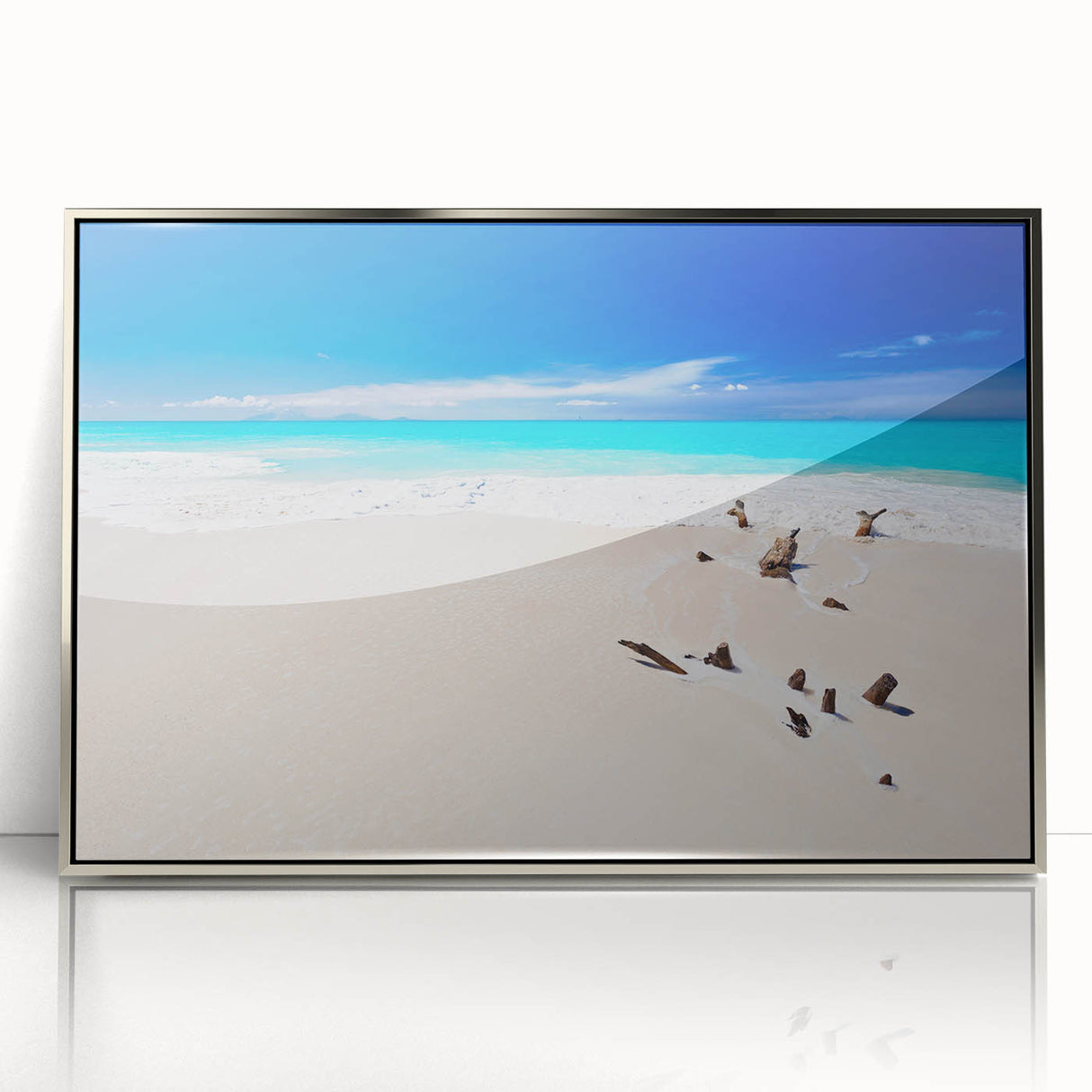 Framed acrylic print of a Caribbean Antigua scenery in silver frame, ideal for modern art wall decor.