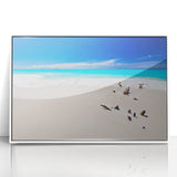 Mid-century modernist art depicting Caribbean scenery on a framed acrylic print, using pastel blue and green tones.