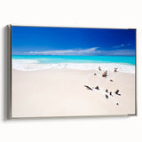 Landscape art painting of a Caribbean scenery on framed canvas, featuring vibrant blue and green tones.
