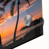 Large abstract wall art depicting Caribbean scenery in vibrant blues and greens on acrylic glass.