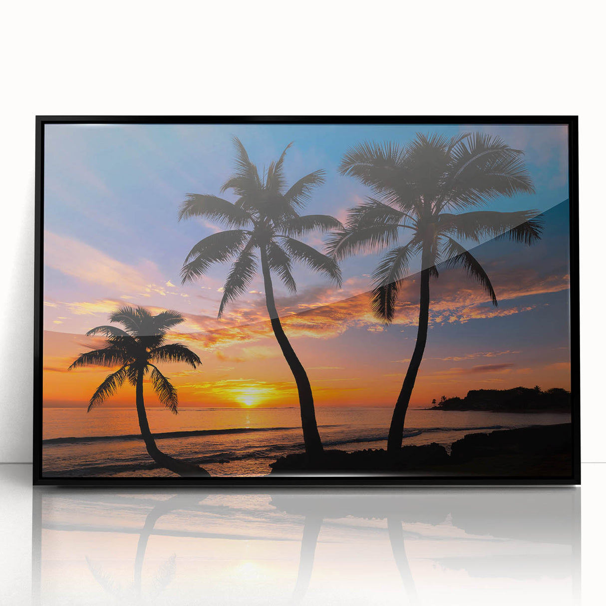 Framed acrylic print of a large abstract depiction of the Caribbean Bahamas in blue and green tones.