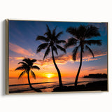 Framed canvas wall art depicting a vintage-style Caribbean landscape in muted gold and black tones, ideal for bedroom decor.