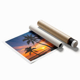 Caribbean beach scene with vibrant blue and green hues on a rolled canvas, ideal for classy bathroom wall art.