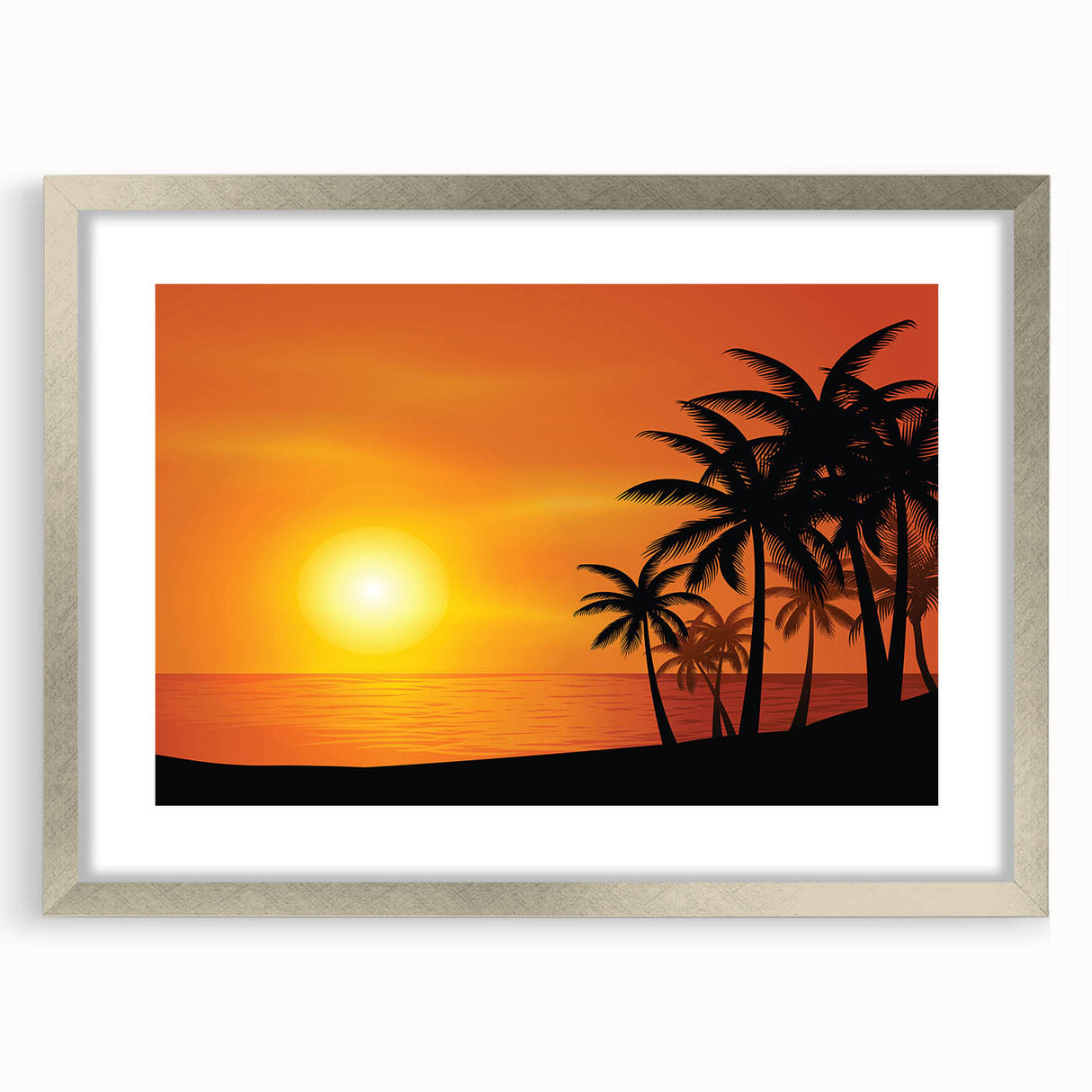 Extra large abstract art print of a Caribbean scenery, in muted blue and green tones, framed in silver.
