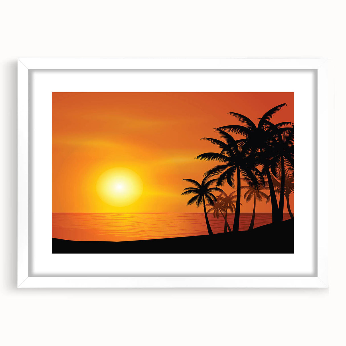 Textured abstract art print of a Caribbean scenery in muted blue and green tones, framed with a white mat.