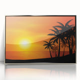 Large art print of a Caribbean coastal scene in muted blue and green tones on a silver-framed acrylic.