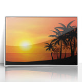 Mid-century modernist art depicting a Caribbean Barbados scenery in vibrant hues on a white framed acrylic.