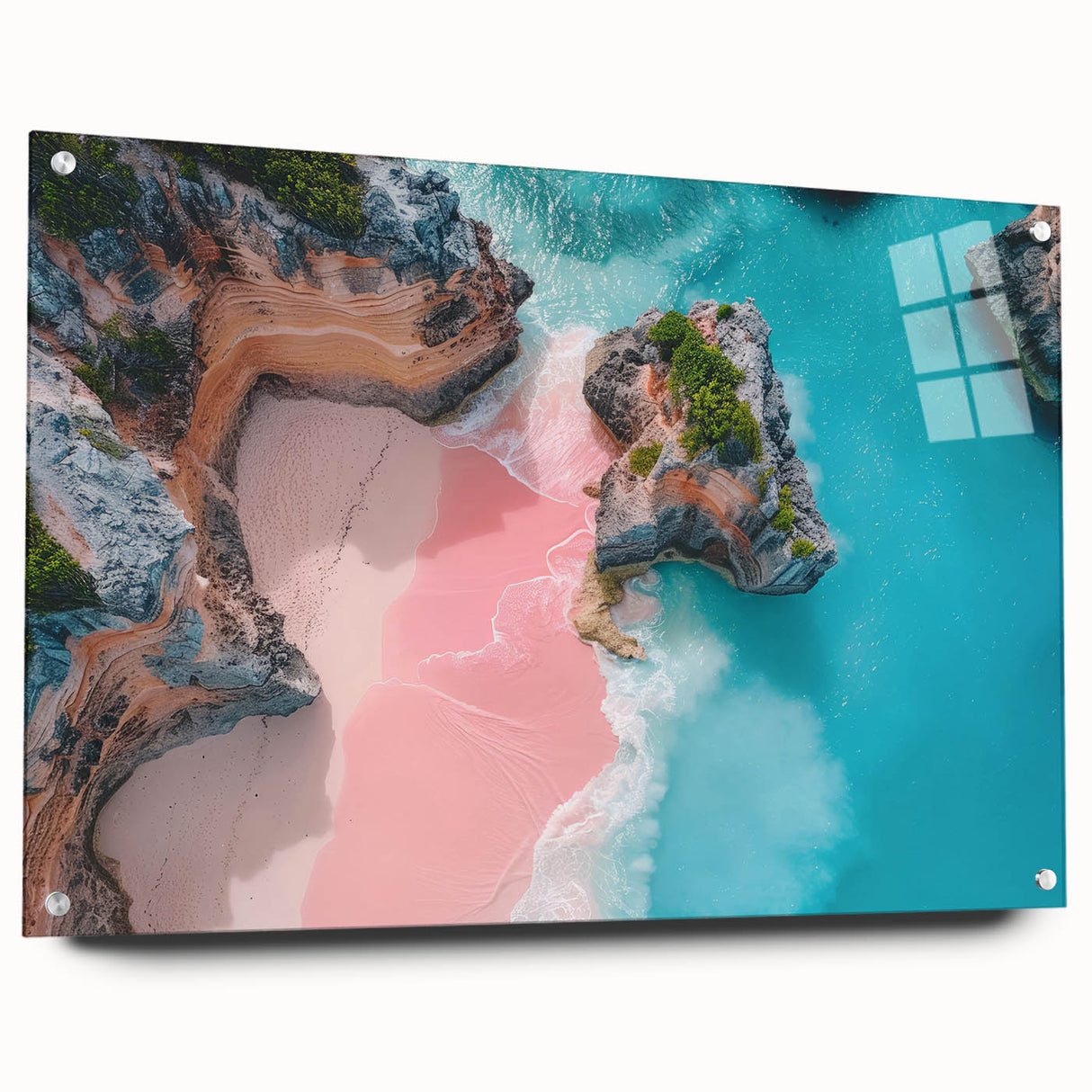 Acrylic print of a large abstract Caribbean scene in blue and green tones, suitable for bedroom or dining room decor.