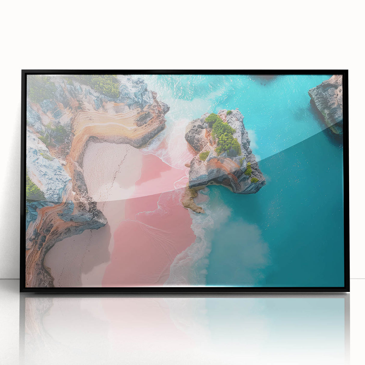 Large abstract wall art depicting Caribbean scenery in muted blues and greens, framed in black acrylic.