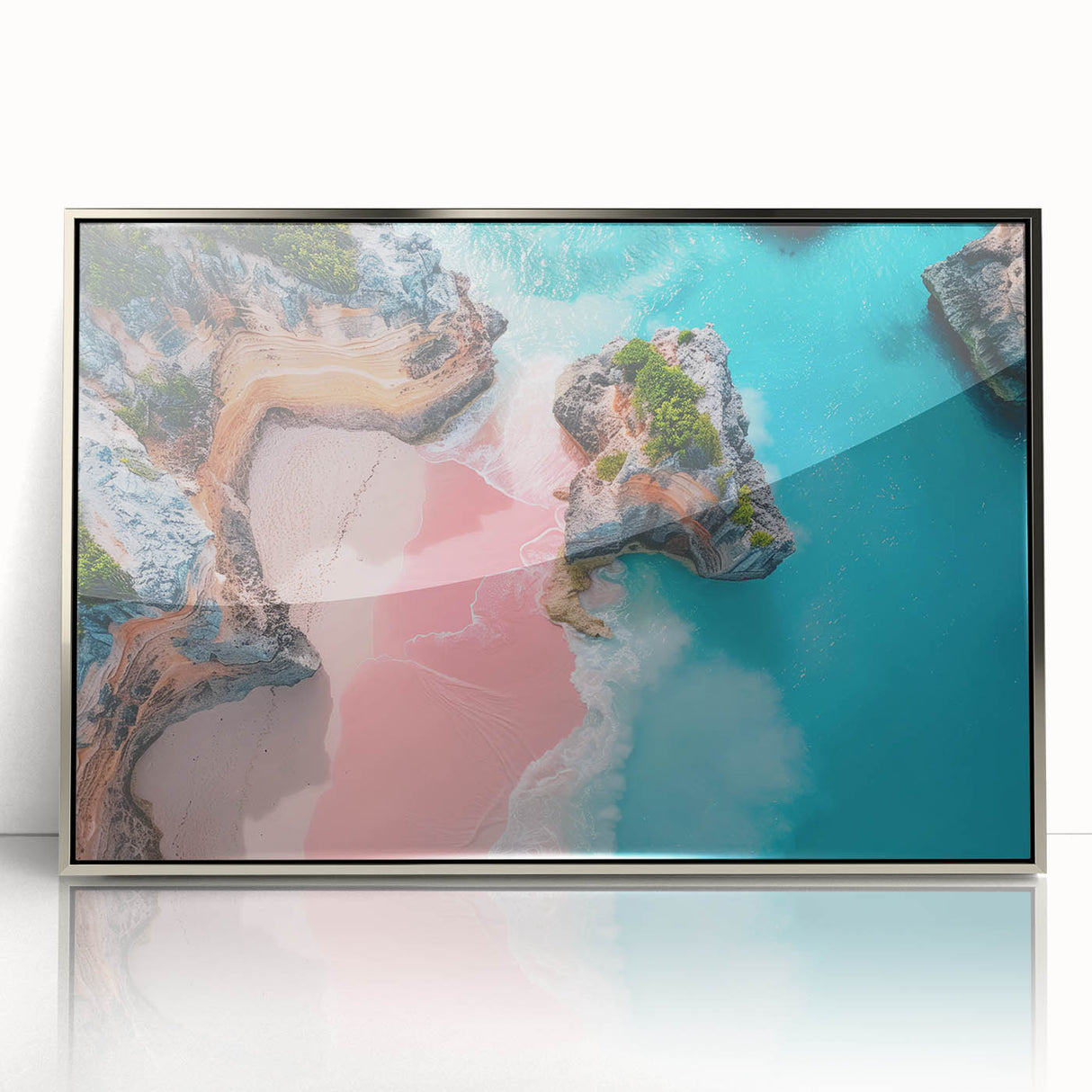 Mid-century modernist style acrylic print of a Caribbean scenery in muted blue and green tones, framed in silver.