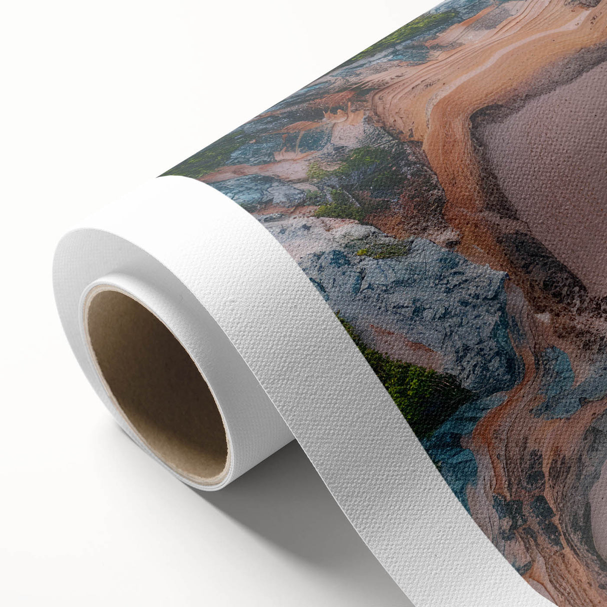 Art Deco-style poster of a serene Caribbean scene on rolled canvas, using soft blue and pink tones.