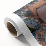 Art Deco-style poster of a serene Caribbean scene on rolled canvas, using soft blue and pink tones.