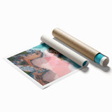 Extra large rolled canvas featuring a serene Caribbean beach scene in muted blues and greens.