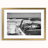 Textured abstract art print of a Caribbean scene in muted blue and green hues, framed in gold, ideal for bedroom art.