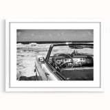 Extra large abstract art print of Caribbean scenery in textured style with vibrant blues and greens, framed with a white mat.