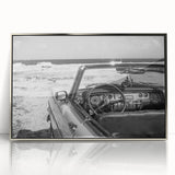 Large art print of a Caribbean Cuba scenery on silver-framed acrylic, featuring mid-century modernist style.