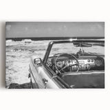 Black and white stretched canvas featuring a vintage Caribbean street scene, ideal for kitchen wall art.