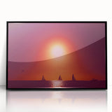 Large abstract wall art depicting a Caribbean scenery in muted blue and green tones, framed in black acrylic.