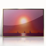 Mid-century modernist art depicting a Caribbean scenery in gold and blue tones on a framed acrylic.