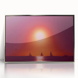 Art deco poster featuring a Caribbean scenery in vibrant blue and green tones, acrylic print in a silver frame.