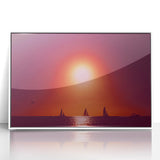 Large art print of a Caribbean scenery on white framed acrylic, featuring mid-century modernist style.