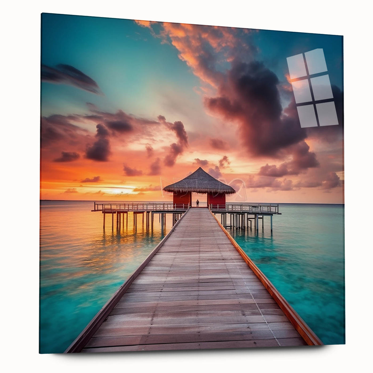 Large abstract wall art of Caribbean scenery in vibrant blue and green hues on acrylic glass.