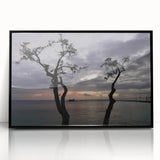 Large abstract wall art depicting the Caribbean Martinique scenery in muted blue and green tones on a framed acrylic print.