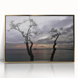 Mid-century modernist art depicting a serene Caribbean scene on a framed acrylic, with soft blue and green tones.