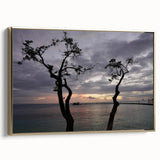 Vintage poster art of a Caribbean scenery in vibrant colors on a framed canvas, ideal for living room decor.