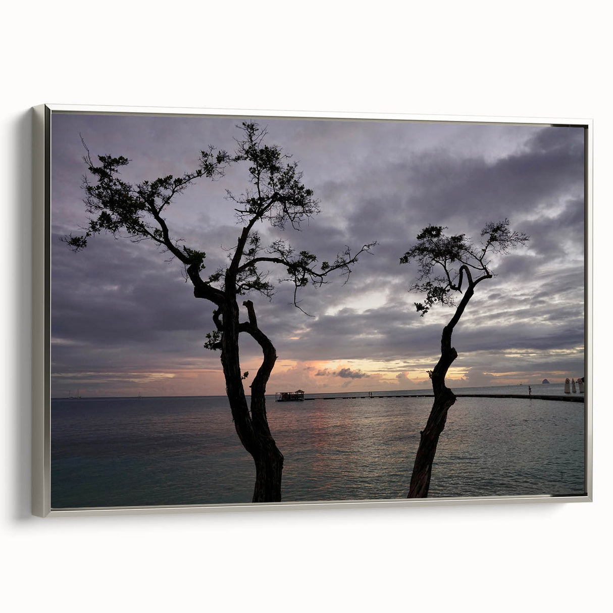 Framed canvas of a vintage-style Caribbean landscape in muted colors, ideal for bedroom wall art.